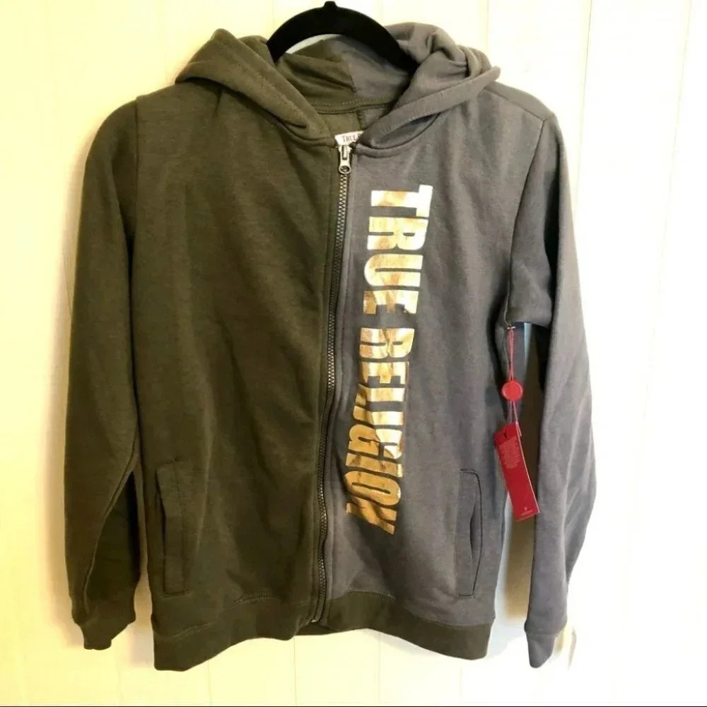 True Religion Boys Charcoal Color Block TR Zip-Up Hoodie Size M & L NWT - Picture 2 of 12